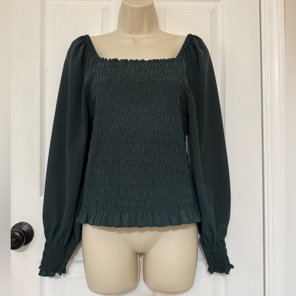Madewell Forest Green Smocked Puff Sleeve Blouse Cottagecore M - Picture 3 of 5